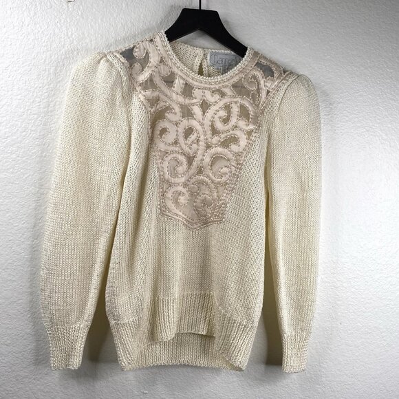 Nannell Sweaters - Vintage Nannell Sweater Women's Ivory S Beaded Sequins Hand Knit Dynasty 80's